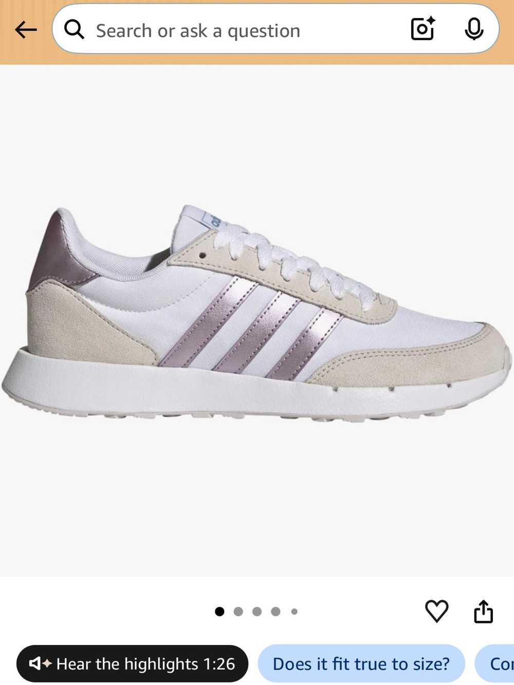 Adidas Run 60S 2.0 Women's White & Metallic Purple Runner Sneakers Size 6.5
